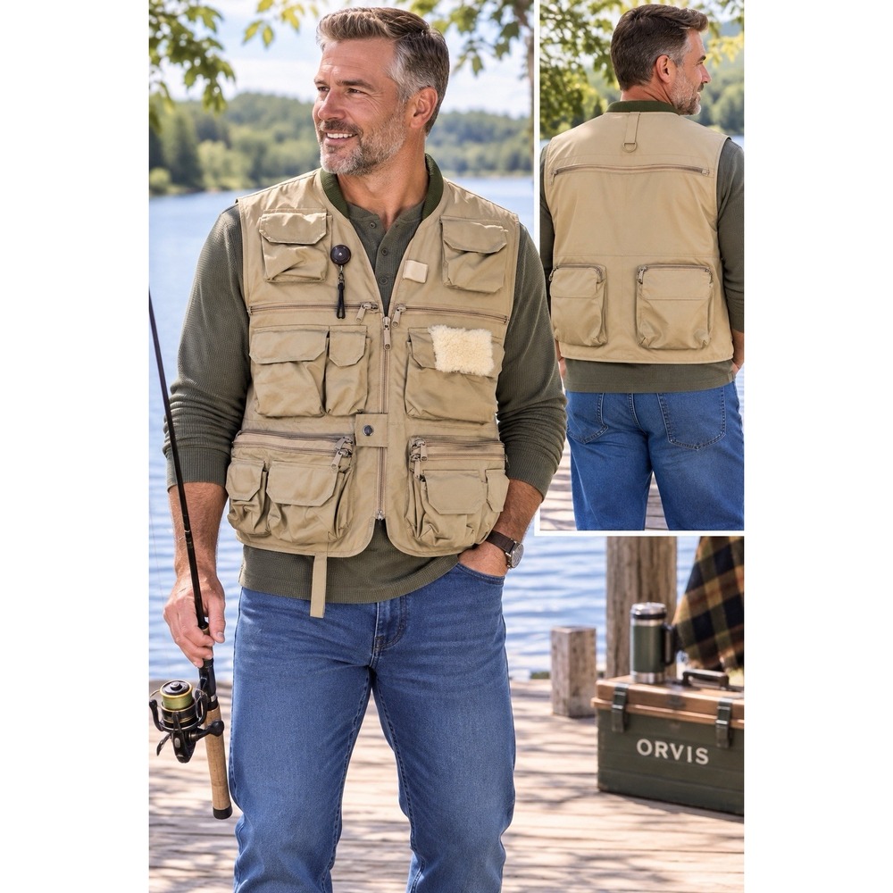 Vintage Orvis Fly Fishing Vest Men's L Khaki Multi Pocket Hong Kong Utility
